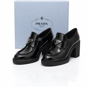 Prada Black Patent Leather Platform Block Heel Loafers